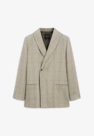 Helle beige Blazer mit rautenförmigem Muster. Verfügt über einen Schalkragen, einen zentralen Knopfverschluss und zwei Fronttaschen. Glatte Textiloberfläche.