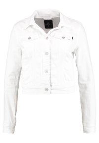 Valkoinen farkkutakki, jossa on pitkät hihat, napitettu etuosan suljenta ja kaksi napillista rintataskua, koko S, merkki LTB.