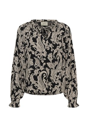 Blouse noire avec un motif cachemire crème, encolure froncée, manches longues avec poignets élastiques et coupe ample. Le matériau semble léger.
