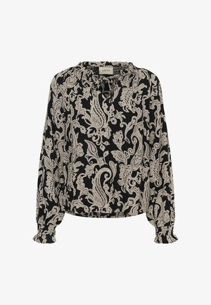 Blouse noire avec un motif cachemire crème, encolure froncée, manches longues avec poignets élastiques et coupe ample. Le matériau semble léger.