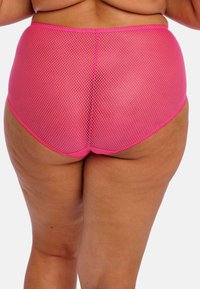 High-waisted panties made of pink mesh fabric, featuring a fishnet pattern, elastic waistband, and seamless edges for comfort.