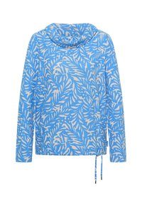Haut manches longues bleu avec un motif de feuilles blanches intégral, doté d'un col bénitier et d'ourlets à nouer ajustables pour une coupe décontractée.
