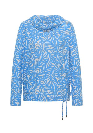 Haut manches longues bleu avec un motif de feuilles blanches intégral, doté d'un col bénitier et d'ourlets à nouer ajustables pour une coupe décontractée.
