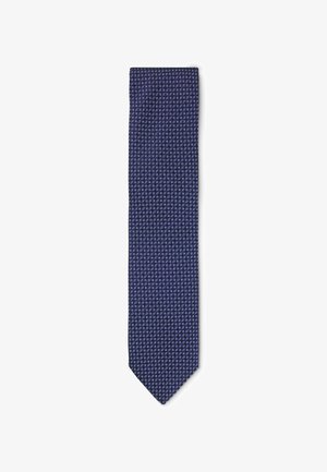 Marineblaue Krawatte mit geometrischem weißen Muster, aus glattem Stoff gefertigt, in klassischer schmaler Form mit spitzer Spitze.
