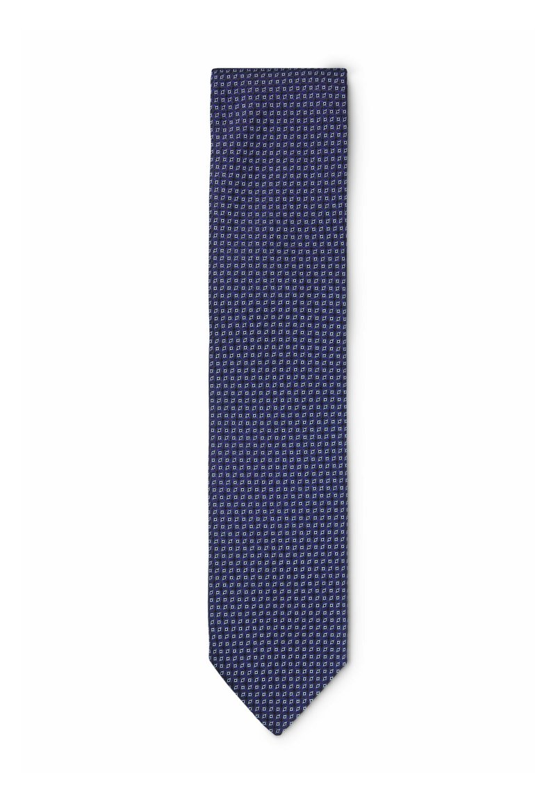 Navy blue tie with a geometric white pattern, made of smooth fabric, featuring a classic narrow shape and pointed tip.