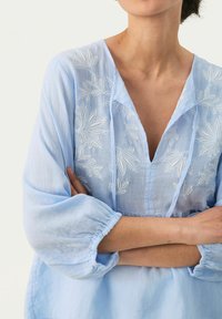 Blusa ricamata azzurro chiaro con scollatura a V, maniche puff lunghe e motivi floreali lungo le spalle, realizzata in un tessuto leggero.