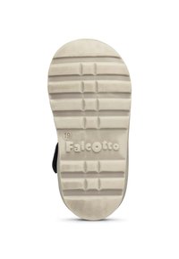 Suola di scarpa nera con modelli di grip testurizzati. Include linee orizzontali e verticali in rilievo, "FalcOtto" impresso e indicatore di taglia "19."