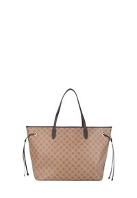 Borsa a tracolla marrone con motivo, dotata di manici e dettagli in finta pelle marrone scuro. Presenta chiusure con coulisse su ciascun lato. Design compatto e spazioso.