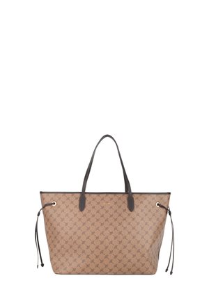 Borsa a tracolla marrone con motivo, dotata di manici e dettagli in finta pelle marrone scuro. Presenta chiusure con coulisse su ciascun lato. Design compatto e spazioso.