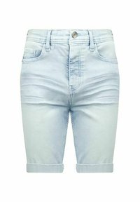 Shorts en denim bleu clair avec un ourlet retroussé, dotés d'une fermeture à bouton, de poches avant et d'une texture lisse légèrement délavée.