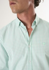 Camisa a cuadros verde claro y blanca, hecha de una tela suave con cuello abotonado, que presenta un pequeño acento bordado en el pecho.