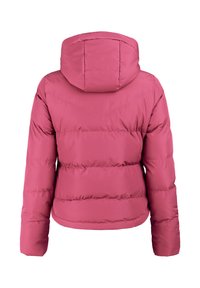 Pink padded puffer jacket with hood, long sleeves, and horizontal stitching, shown from the back on a white background.