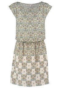 Robe courte sans manches à motif floral, col rond et taille élastique dans des couleurs vertes, marron et crème atténuées.