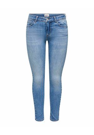 Lichtblauwe skinny jeans met knoop- en ritssluiting aan de voorkant, voor- en achterzakken, en een merklabel op de tailleband.