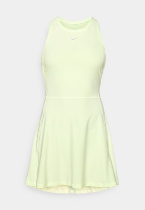 Vestido atlético verde claro com um design sem mangas, decote redondo e corpete justo. Apresenta uma saia rodada e um discreto logótipo da marca.