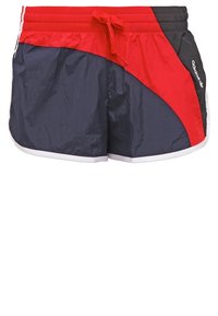 Pantaloni sportivi rossi e blu navy realizzati in materiale leggero, con cintura regolabile e bordo bianco lungo l'orlo.