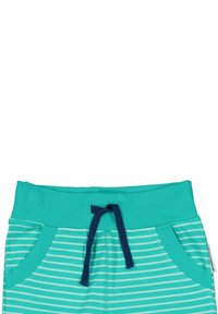 Turkosa randiga byxor med bred midja, marinblå dragsko och sidofickor. Materialet är mjukt och elastiskt.