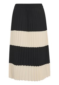 Černá a krémová plisovaná sukně s střídajícími se vodorovnými pruhy, s elastickým pasem pro pohodlí a snadný pohyb.
