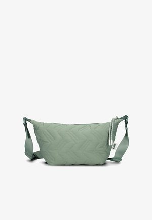 Quilted Umhängetasche in Hellgrün, mit einem Zickzackmuster, verstellbarem Riemen und einem Reißverschluss mit kontrastierenden Zugbändern.