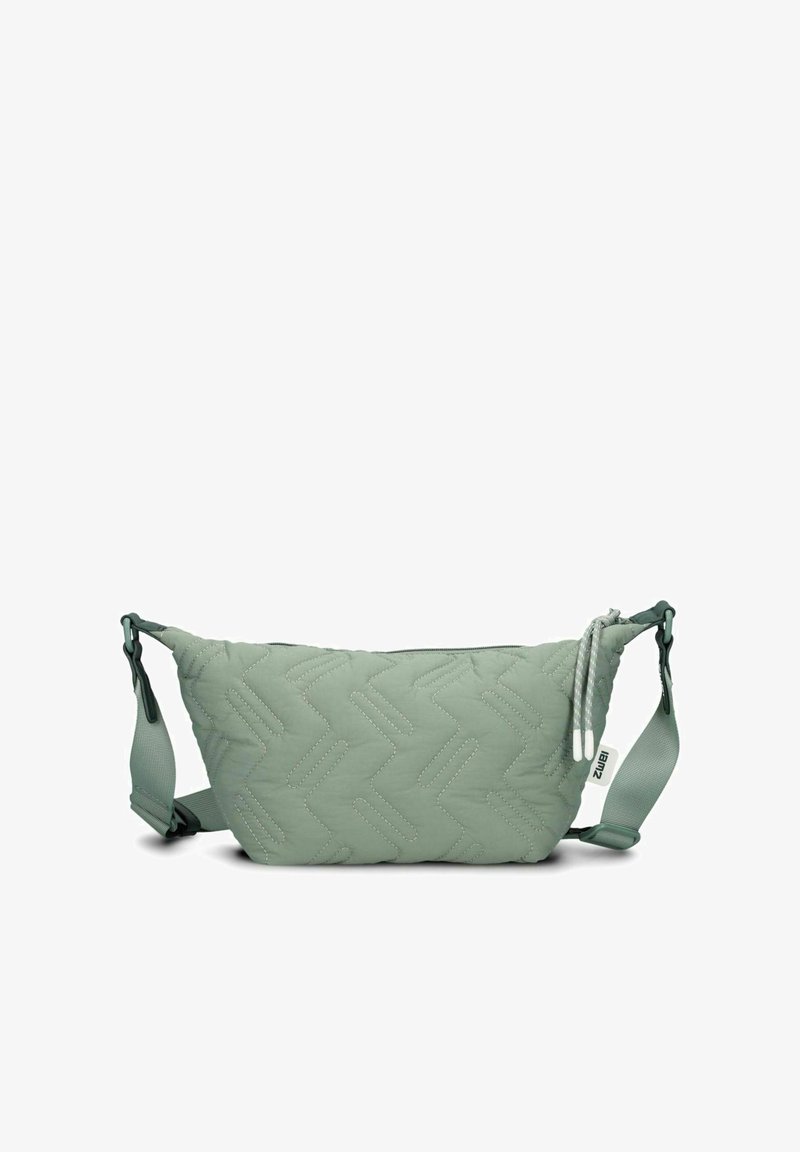 Bolso de hombro acolchado en verde claro, con un patrón de zigzag, correa ajustable y cierre de cremallera con cordones de contraste.
