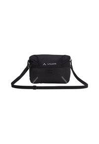 Borsa a tracolla nera con una texture liscia, dotata di chiusura a zip, tracolla regolabile e dettagli riflettenti per migliorare la visibilità. Logo VAUDE in evidenza.