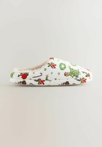 Ciabatta bianca con interni morbidi, decorata con grafiche colorate a tema festivo, tra cui personaggi, ghirlande e bastoncini di zucchero. Parte superiore testurizzata.