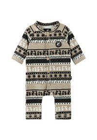 Wzorzysty kombinezon z długimi rękawami, zapięciem na guziki z przodu oraz różnorodnymi geometrycznymi i zwierzęcymi nadrukami w kolorach czarnym, beżowym i kremowym.