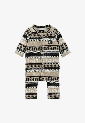 Gemusterter Overall mit langen Ärmeln, Knopfleiste vorne und einer Vielzahl von geometrischen und Tiermotiven in Schwarz, Beige und Cremetönen.