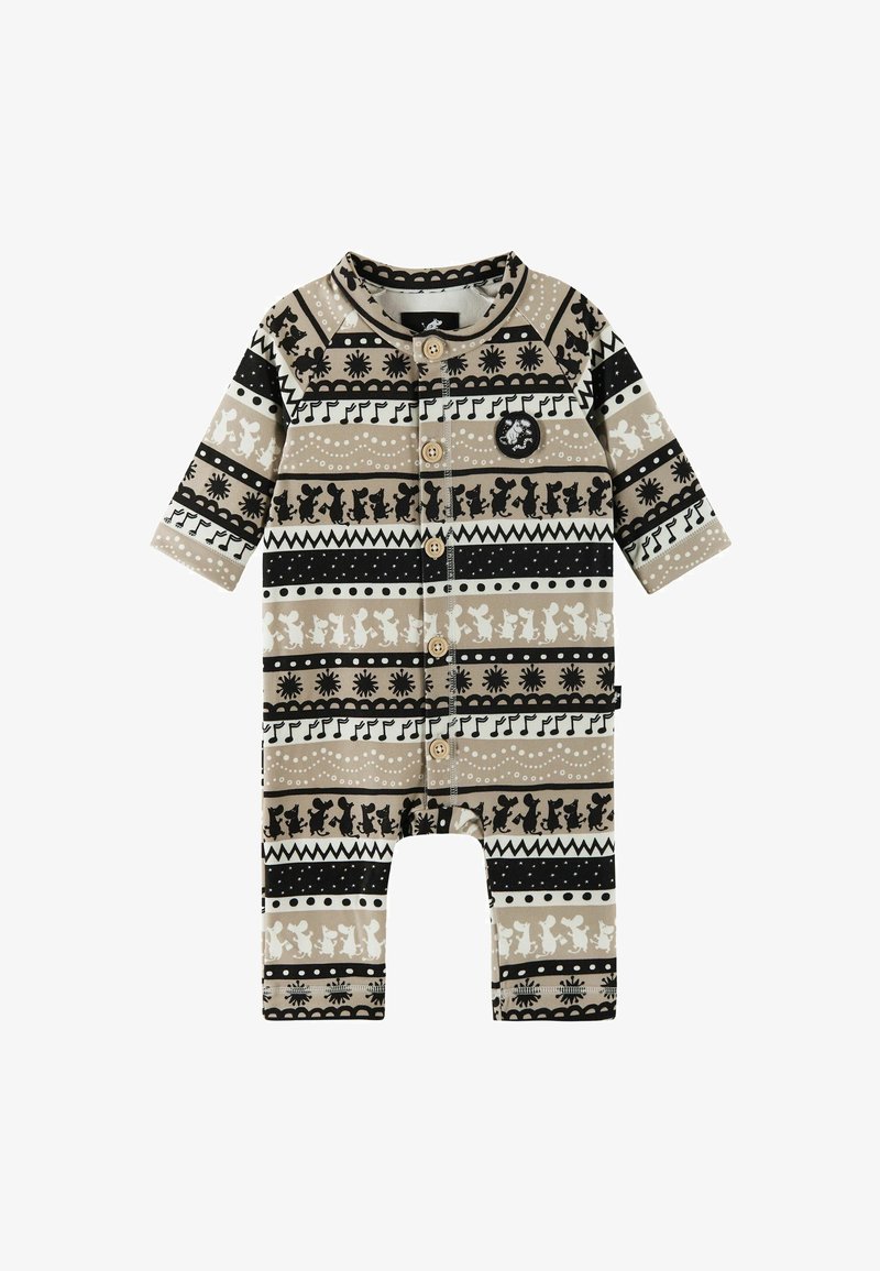 Wzorzysty kombinezon z długimi rękawami, zapięciem na guziki z przodu oraz różnorodnymi geometrycznymi i zwierzęcymi nadrukami w kolorach czarnym, beżowym i kremowym.