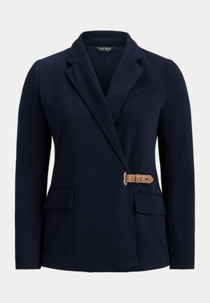 Mornarice plava sako s izrezanim reverima, dva preklopna džepa, džepom za prsa i bočnim smeškom od smešaka od smeše od smeša.