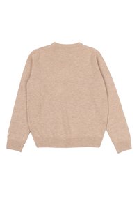 Maglione lavorato a maglia beige con maniche lunghe, polsini e orlo a coste, e scollatura rotonda, mostrato da dietro su uno sfondo bianco.