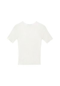 Weißes, geripptes T-Shirt mit kurzen Ärmeln und rundem Ausschnitt. Der Stoff hat eine strukturierte Oberfläche, die das taillierte Design und die klaren Linien betont.
