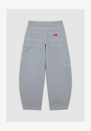 Striped blue and white cotton cargo pants with multiple pockets and a red logo patch, featuring a relaxed fit and tapered leg design.