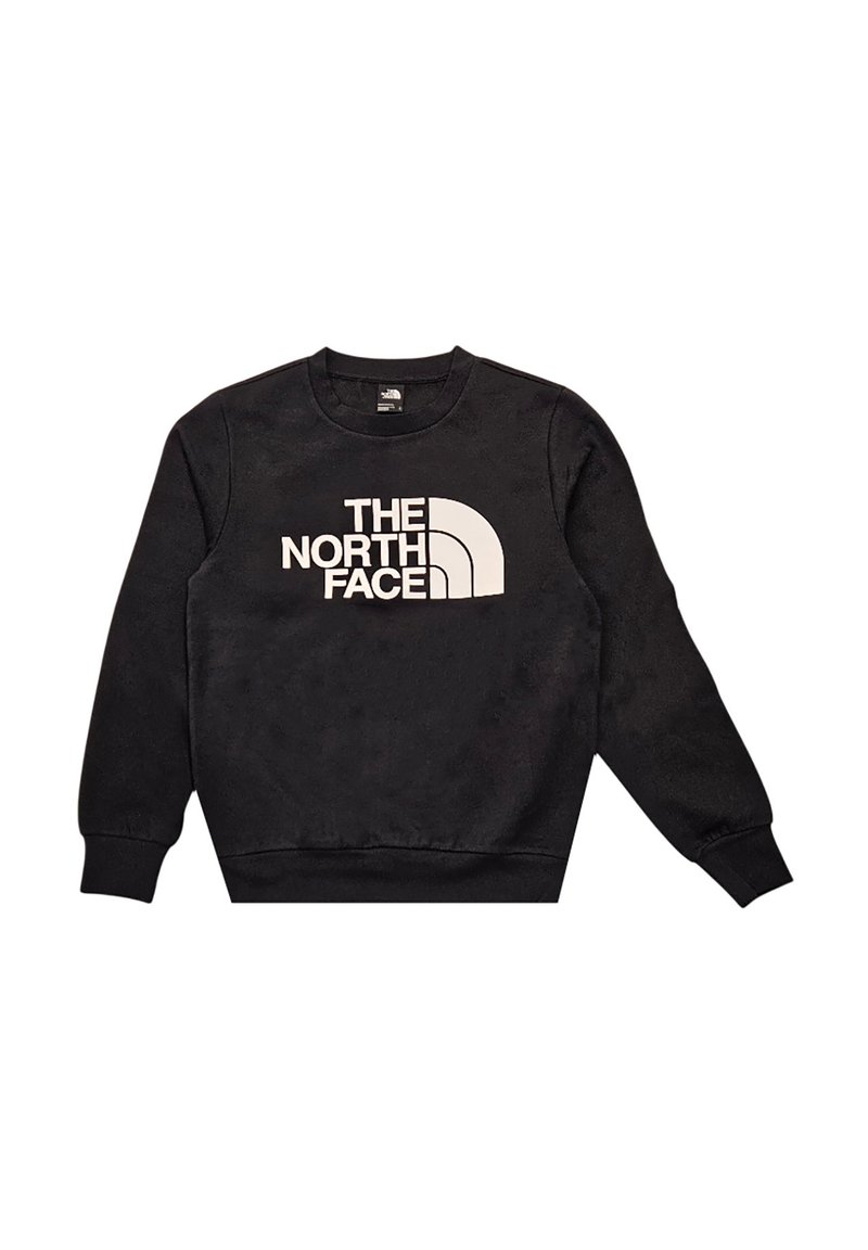 Sudadera negra con cuello redondo, mangas largas y puños acanalados. Presenta un gran texto de logo blanco y un diseño de media cúpula en la parte delantera.