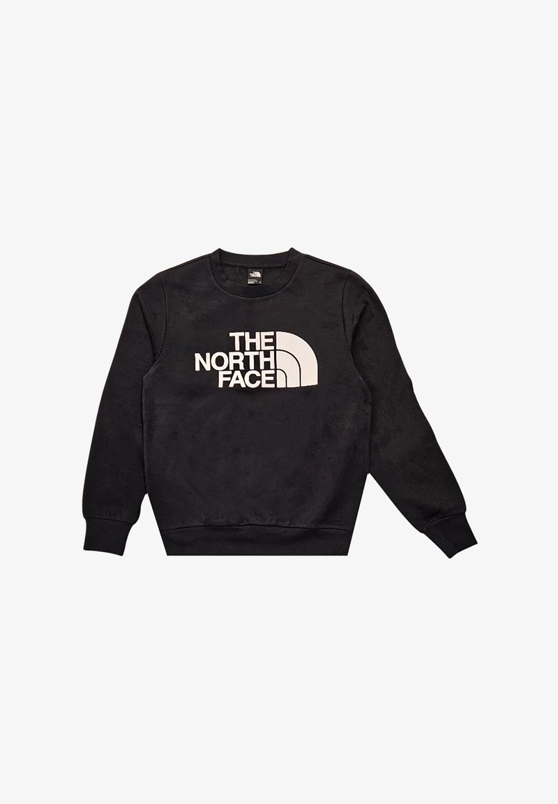 Sudadera negra con cuello redondo, mangas largas y puños acanalados. Presenta un gran texto de logo blanco y un diseño de media cúpula en la parte delantera.