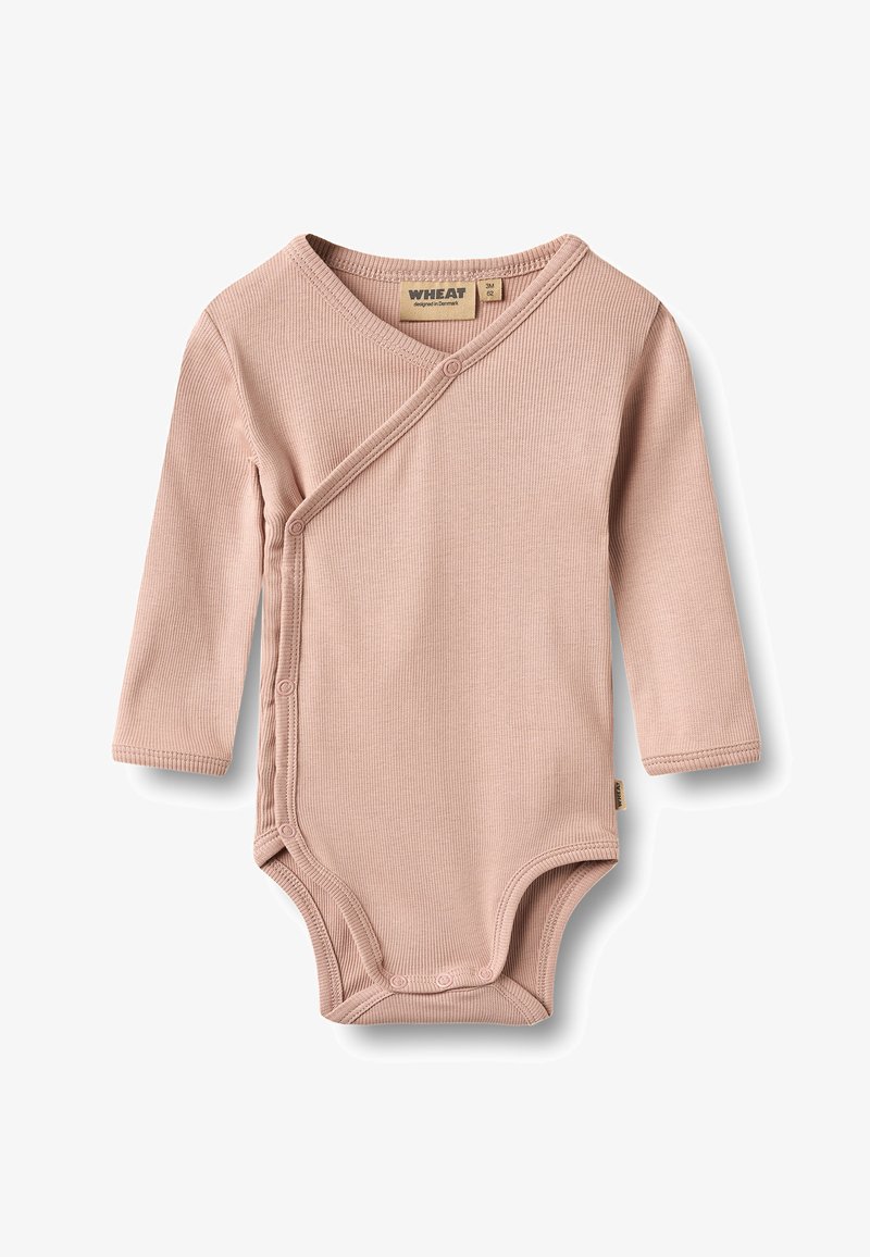 Body bébé manches longues rose pâle en maille côtelée, avec pressions latérales et fermeture croisée en V sur le devant.