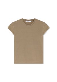 T-shirt a maniche corte color khaki realizzato in tessuto liscio, con scollo rotondo e design semplice con bordi rifiniti.