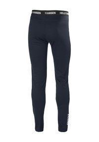 Los pantalones deportivos de color azul marino presentan un diseño ajustado, una cintura elástica con la marca "Helly Hansen" y un tejido texturizado con detalles laterales.