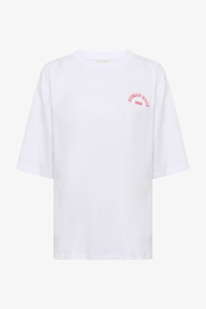 White short-sleeve T-shirt with red "HUMAN RACE" text and logo on the left chest area.