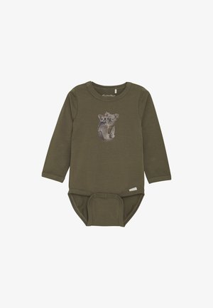 Bodysuit à manches longues de couleur olive, en tissu doux, avec un graphique de koala sur le devant et des pressions à la base.