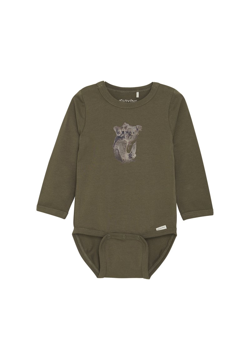 Bodysuit z długim rękawem w oliwkowym kolorze, wykonany z miękkiej tkaniny, z grafiką koali z przodu i zapięciem na napy na dole.