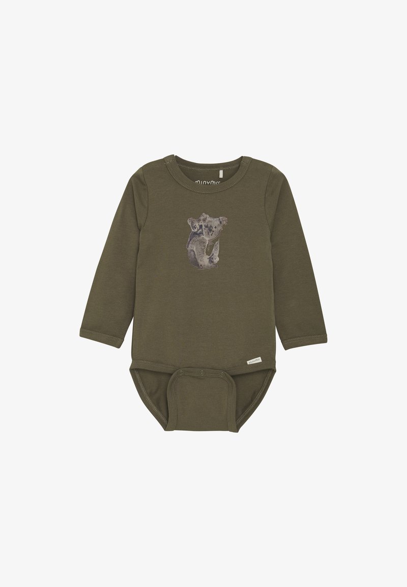Långärmad olivgrön bodysuit i mjukt tyg, med en koala-grafik på framsidan och knäppningar i botten.