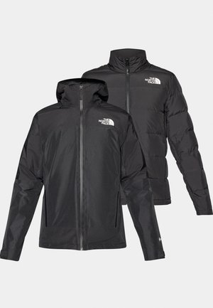 Fekete, könnyű dzseki kapucnival és elülső cipzárral, struktúrált anyaggal és fehér The North Face logóval. Bélelt belső rész, réteges kialakítás.