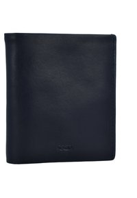 Portafoglio in pelle blu navy con texture liscia, design a pieghevole e dettaglio del logo impresso. Presenta bordi ben cuciti per una maggiore durata.