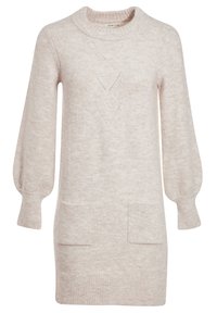 Robe-pull en maille beige clair avec un col rond, des manches longues bouffantes, deux poches avant et des motifs chevrons texturés sur la poitrine.