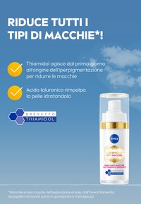 Siero anti-macchie NIVEA LUMINOUS630 in bottiglia di vetro trasparente con dettagli bianchi e dorati. Presenta il logo esagonale e elementi di branding blu.