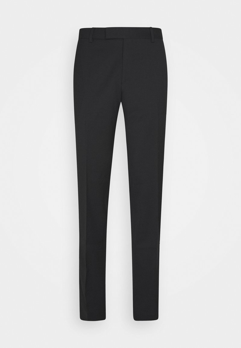 Pantalon de costume noir coupe slim avec passants pour ceinture, fermeture éclair à l'avant et détail de pli sur le côté, présenté à plat sur fond blanc.