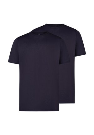 Zwei schlichte schwarze Kurzarm-T-Shirts mit Rundhalsausschnitt, leicht versetzt übereinander auf weißem Hintergrund gelegt.