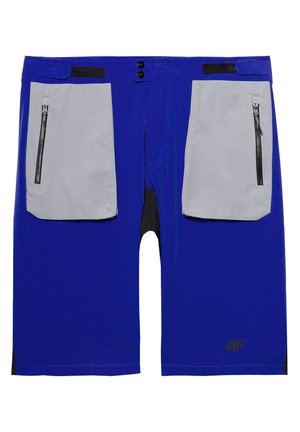 Blauwe zwemshorts met grijze ritszakken, een zwarte tailleband en een 4F-logo. Gemaakt van zachte, elastische stof voor comfort.