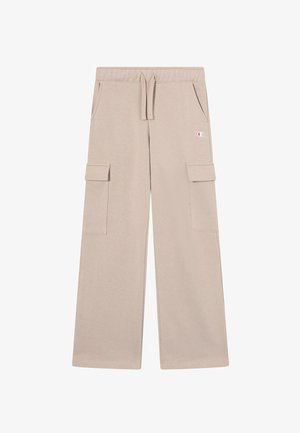 Beige cargobroek van een zachte katoenmix. Kenmerkt zich door wijde pijpen, een elastische tailleband met trekkoord en twee grote zijzakken.